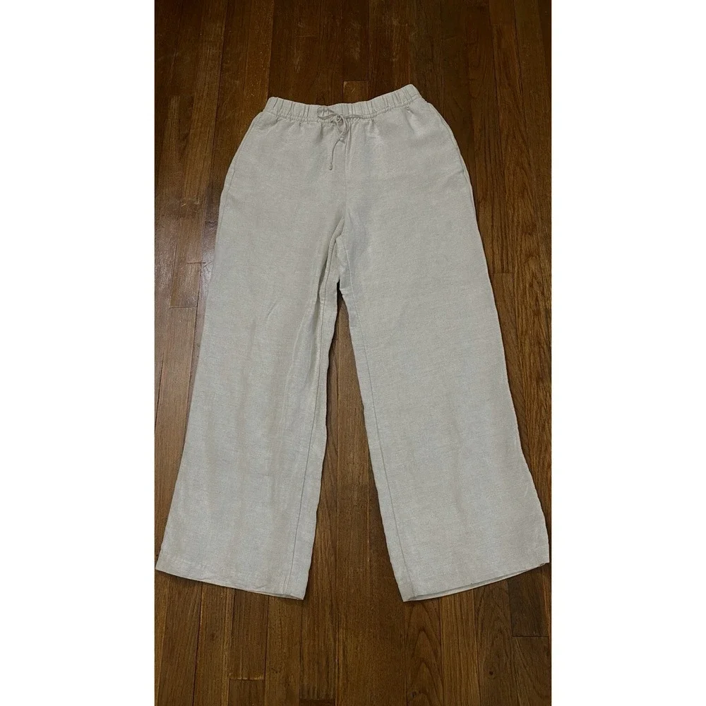 H&M Womens Linen Blend Pants Size Small Cream Tan Straight Leg Relaxed Coastal